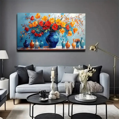 Vibrant Blue Vase Red Tulips Wall Art Canvas Office Home Room Framed 120x60cm - Bella Home Decor