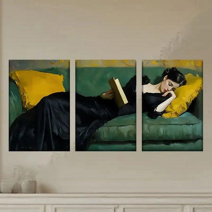 3pcs a Woman Laying on a Couch Reading a Book Wall Art Set Canvas Framed 40x60cm - High Quality Print 100% Australian Made Wall Canvas Ready to Hang - Bella Home Decor
