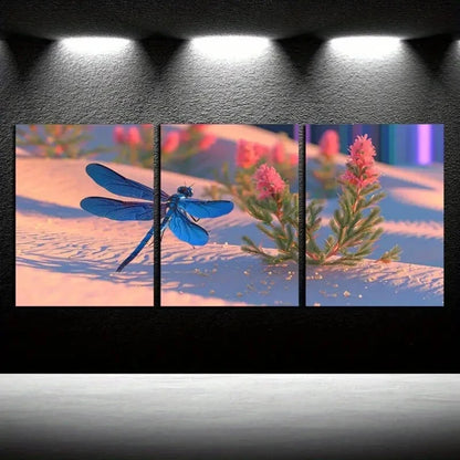3pcs Vibrant Dragonfly in Desert Metal Print Ready to Hang Art