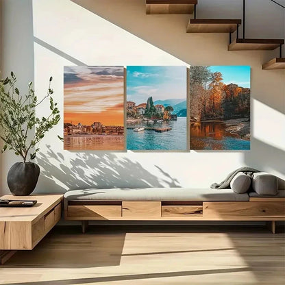 3pcs Waterfront Scenery with Boats Metal Print Ready to Hang Art