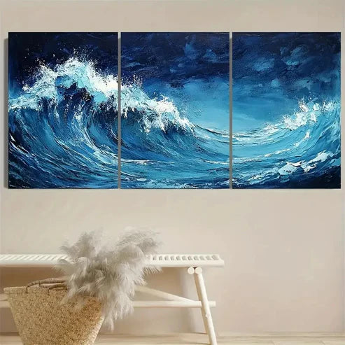3pcs Coastal Wave Blue, Polyester Fiber Wrapped Wall Art Canvas Unframed - High Quality Print 100% Australian Made Wall Canvas - Bella Home Decor