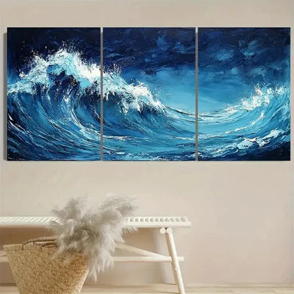 3pcs Coastal Wave Blue, Polyester Fiber Wrapped Wall Art Canvas Unframed - High Quality Print 100% Australian Made Wall Canvas - Bella Home Decor