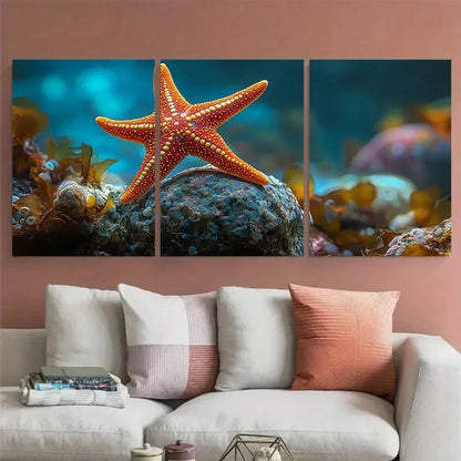 3pcs Red Starfish Detailed Marine Life Metal Print Ready to Hang Art - Bella Home Decor