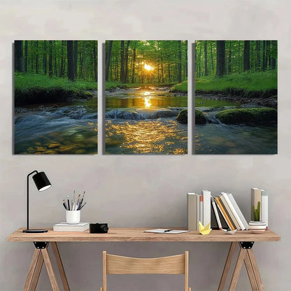 3pcs Serene Forest Sunlit Green Trees River Wall Art Set Canvas Framed 60x90cm - High Quality Print 100% Australian Made Wall Canvas Ready to Hang - Bella Home Decor