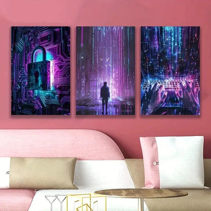 3pcs Neon Lit Cyberpunk Artwork Wall Art Set Canvas Framed 60x90cm - High Quality Print 100% Australian Made Wall Canvas Ready to Hang