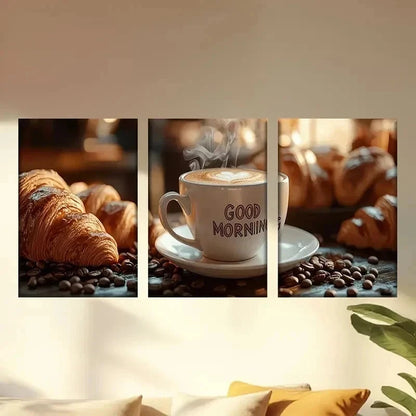 3pcs Coffee & Croissants Morning Scene  Wall Art Set Canvas Framed 40x60cm - High Quality Print 100% Australian Made Wall Canvas Ready to Hang - Bella Home Decor