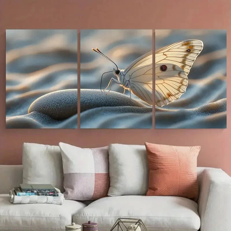3pcs White Butterfly on Pebble with Sand Waves Zen Metal Print Ready to Hang Art - Bella Home Decor