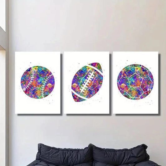 3pcs Watercolor Rainbow Football Art Metal Print Ready to Hang Art
