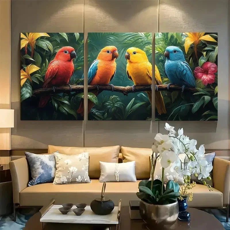 3pcs Vibrant Tropical Birds in Jungle Wall Art Set Canvas Framed 50x70cm - High Quality Print 100% Australian Made Wall Canvas Ready to Hang - Bella Home Decor