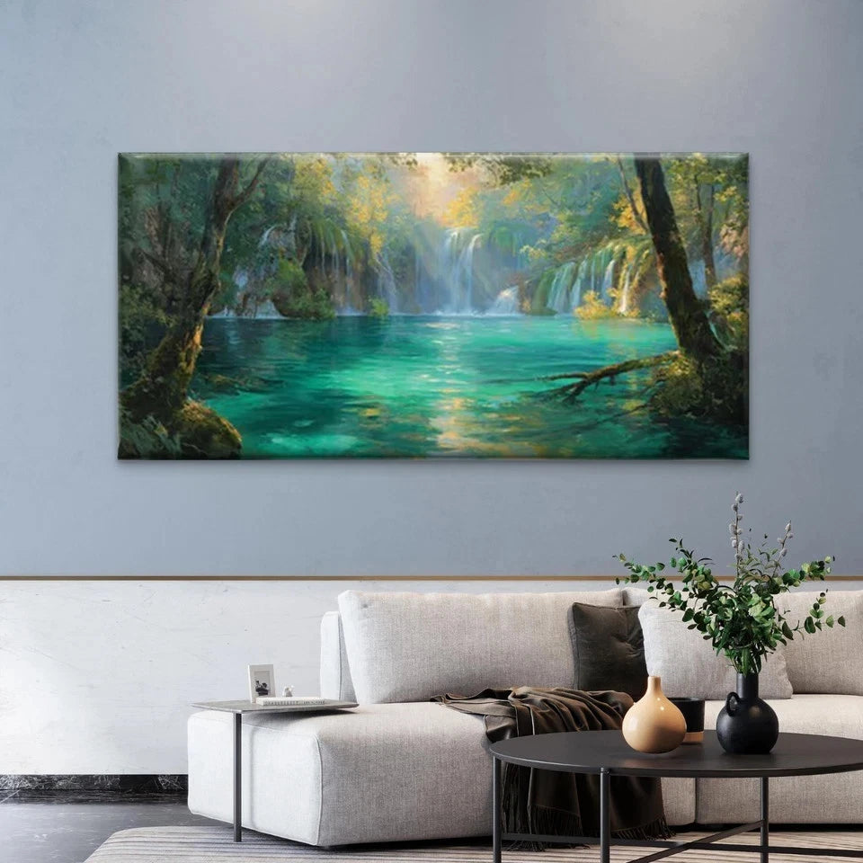 Lake & Sunlit Forest Landscape Wall Art Canvas Office Home Room Framed 120x60cm
