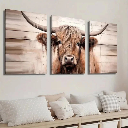 3pcs Highland Cow Modern Farmhouse Decor Wall Art Set Canvas Framed 60x90cm - High Quality Print 100% Australian Made Wall Canvas Ready to Hang
