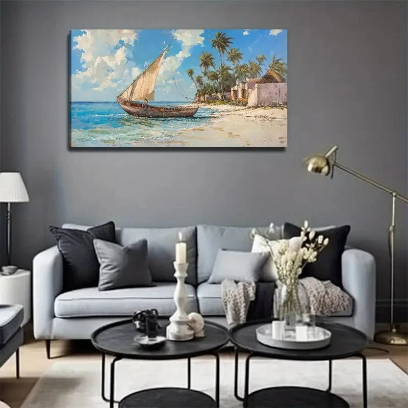 Sailboats By The Shore Measure Wall Art Canvas Office Home Room Framed 120x60cm