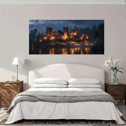 Medieval Castle Night Scene Wall Art Canvas Office Home Room Framed 120x60cm