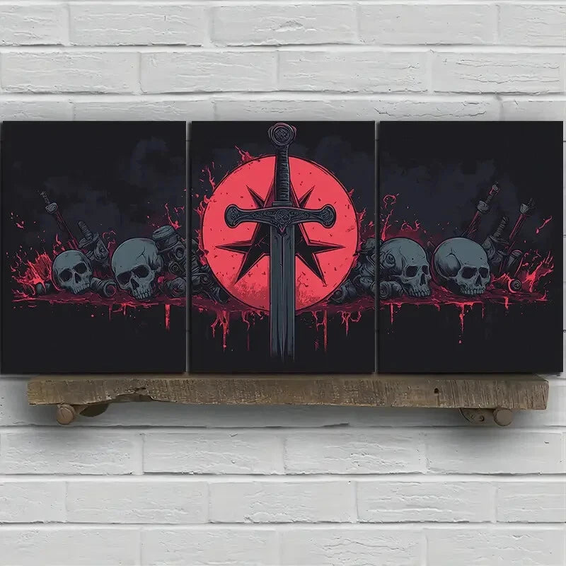 3pcs Ancient Swords & Skeletons Metal Print Ready to Hang Art - Bella Home Decor