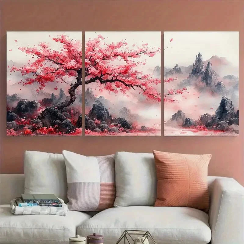 3pcs Elegant Sakura Blossom Watercolor Abstract Metal Print Ready to Hang Art - Bella Home Decor