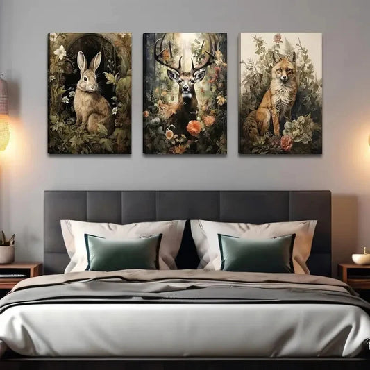 3pcs Enchanted Forest Scene Forest Animals Metal Print Ready to Hang Art