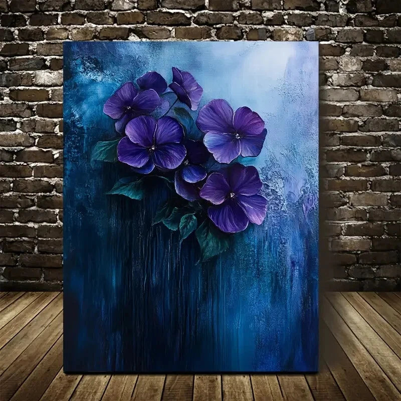Beautiful Violet Floral Design on Dark Blue 40x60cm Metal Print Ready to Hang - Bella Home Decor