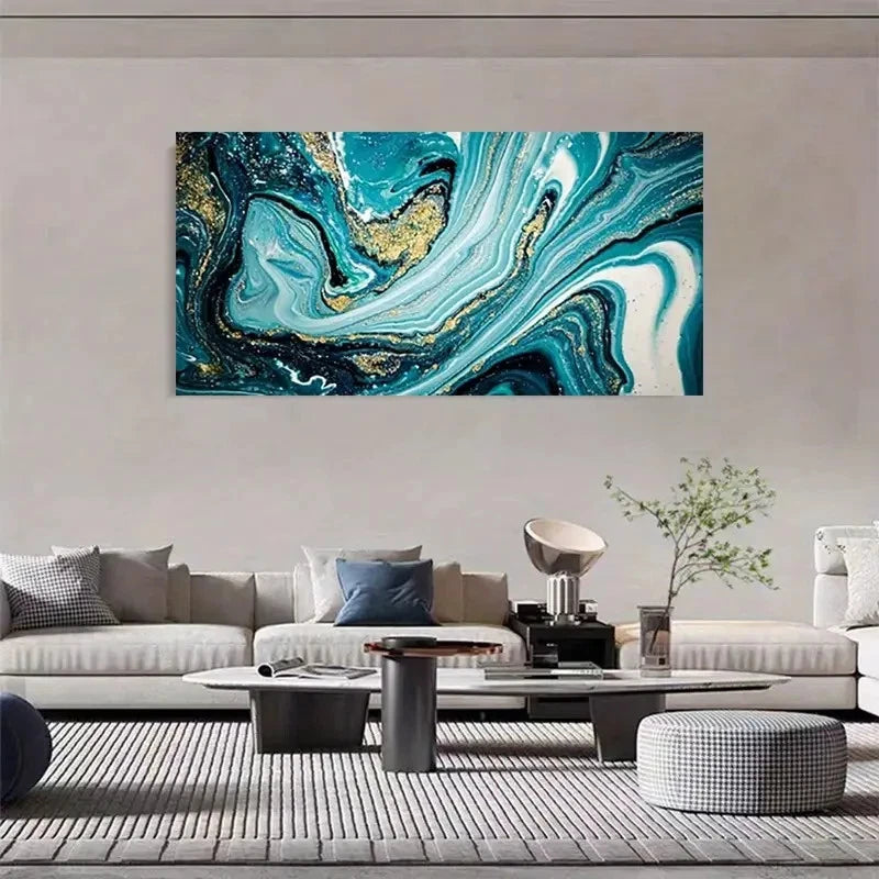 Elegant Blue & Golden Marble Ab Wall Art Canvas Office Home Room Framed 120x60cm