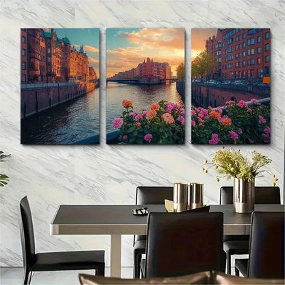 3pcs Vibrant Floral & Cityscape Perfect Wall Art Set Canvas Framed 50x70cm - High Quality Print 100% Australian Made Wall Canvas Ready to Hang