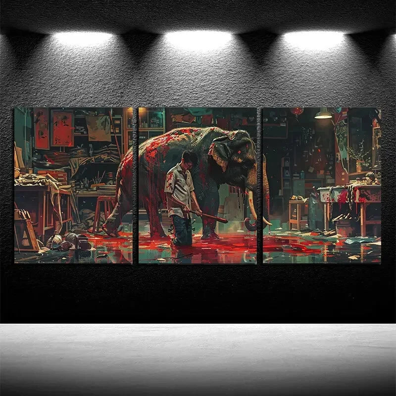 3pcs Elephants and Humans Illustration Metal Print Ready to Hang Art - Bella Home Decor