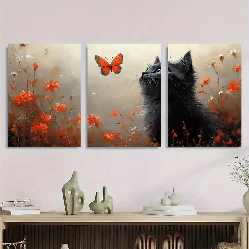 3pcs Black Cat with Red Flowers & White Butterfly Metal Print Ready to Hang Art - Bella Home Decor