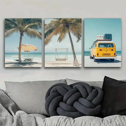 3pcs Beach with Palm Trees & Kombi Van Scene Wall Art Set Canvas Framed 40x60cm - High Quality Print 100% Australian Made Wall Canvas Ready to Hang - Bella Home Decor
