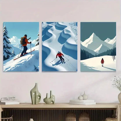 3pcs Snowy Mountain Ski Adventure Picture Wall Art Set Canvas Unframed - High Quality Print 100% Australian Made Wall Canvas