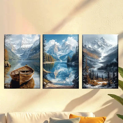 3pcs Serene Mountain Lake Scenery with Rowboat 40x60cm - High Quality Print 100% Australian Made Wall Canvas Ready to Hang - Bella Home Decor