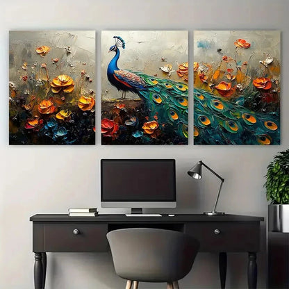 3pcs Vibrant Peacock Bird Impasto Design Metal Print Ready to Hang Art - Bella Home Decor