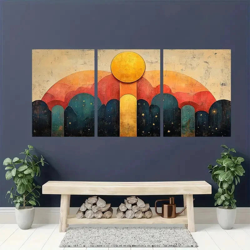 3pcs Abstract Vibrant Geometric Moon & Stars Metal Print Ready to Hang Art - Bella Home Decor