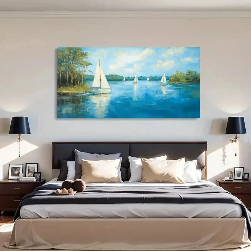 River Reflections Sailboats Wall Art Canvas Office Home Room Framed 120x60cm - Bella Home Decor
