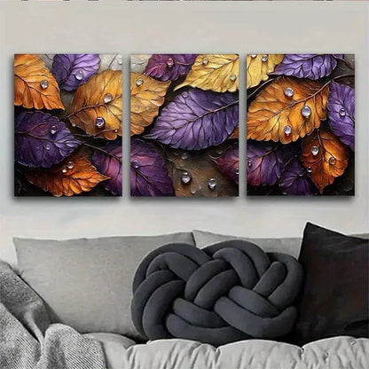 3pcs Autumn Leaves with Water Droplets Wall Art Canvas Unframed - High Quality Print 100% Australian Made Wall Canvas
