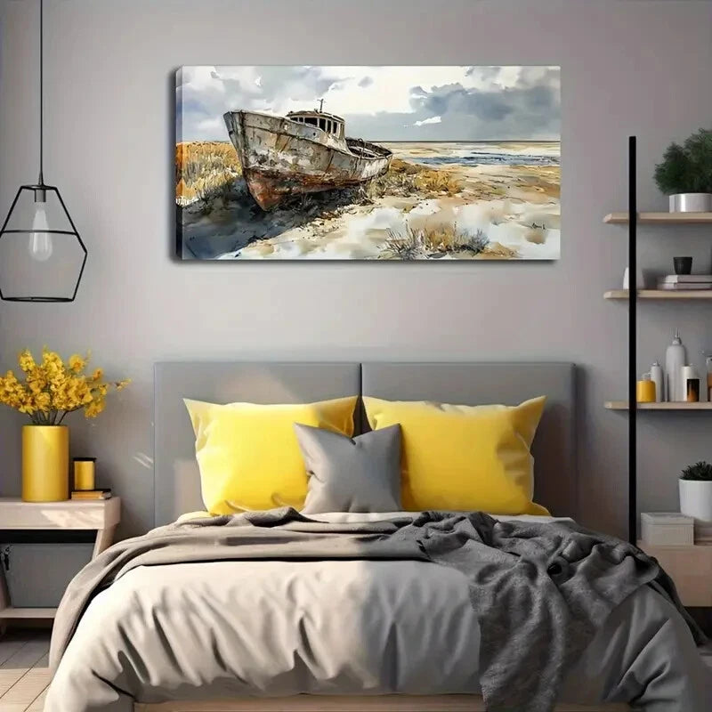 Abandoned Shipwreck Vintage Wall Art Canvas Office Home Room Framed 120x60cm - Bella Home Decor