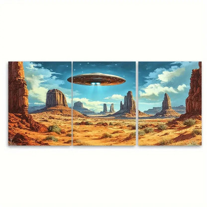 3pcs Vintage UFO Retro Mid-Century Sci-Fi Scene Wall Art Set Canvas Framed 40x60cm - High Quality Print 100% Australian Made Wall Canvas Ready to Hang