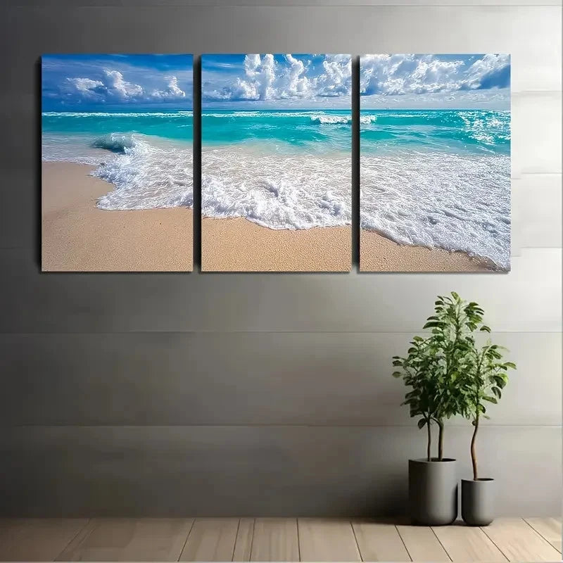 3pcs Turquoise Ocean Waves Sandy Shore Wall Art Set Canvas Framed 50x70cm - High Quality Print 100% Australian Made Wall Canvas Ready to Hang