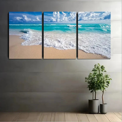 3pcs Turquoise Ocean Waves Sandy Shore Wall Art Set Canvas Framed 50x70cm - High Quality Print 100% Australian Made Wall Canvas Ready to Hang