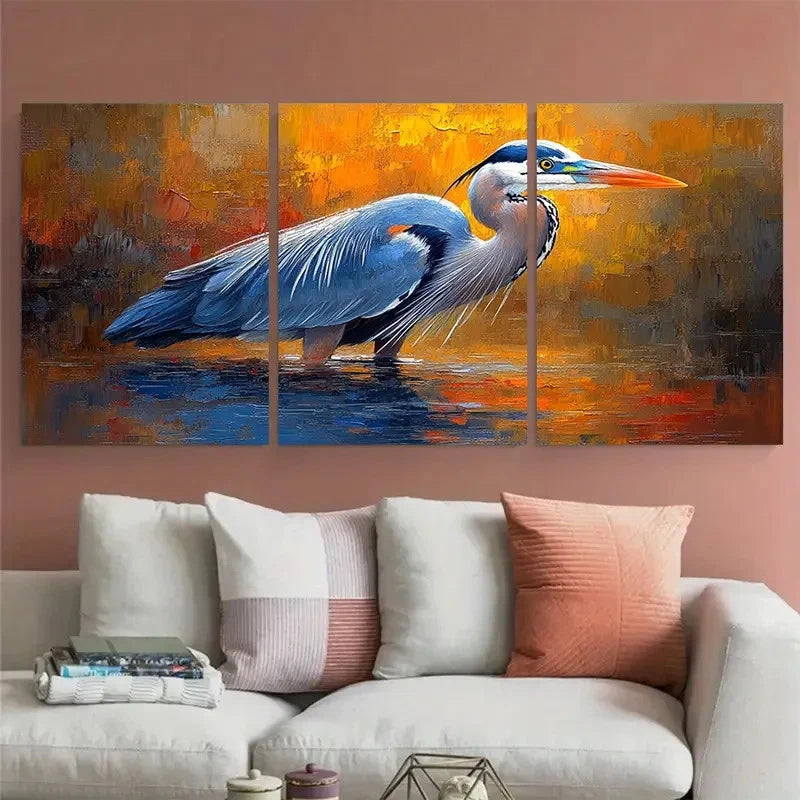 3pcs Great Blue Heron Birds Illustration in Water Metal Print Ready to Hang Art - Bella Home Decor