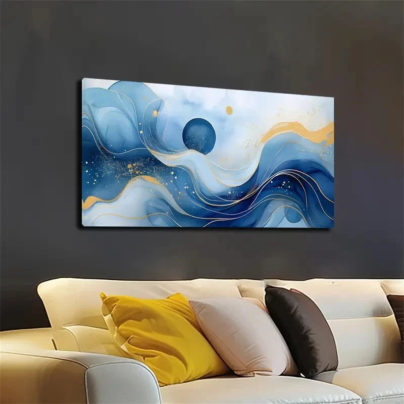 Painting with Blue & Golden Wall Art canvas office home room framed 120x60cm