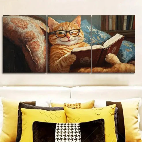 3pcs A cat reading on the couch Wall Art Canvas Unframed - High Quality Print 100% Australian Made Wall Canvas - Bella Home Decor