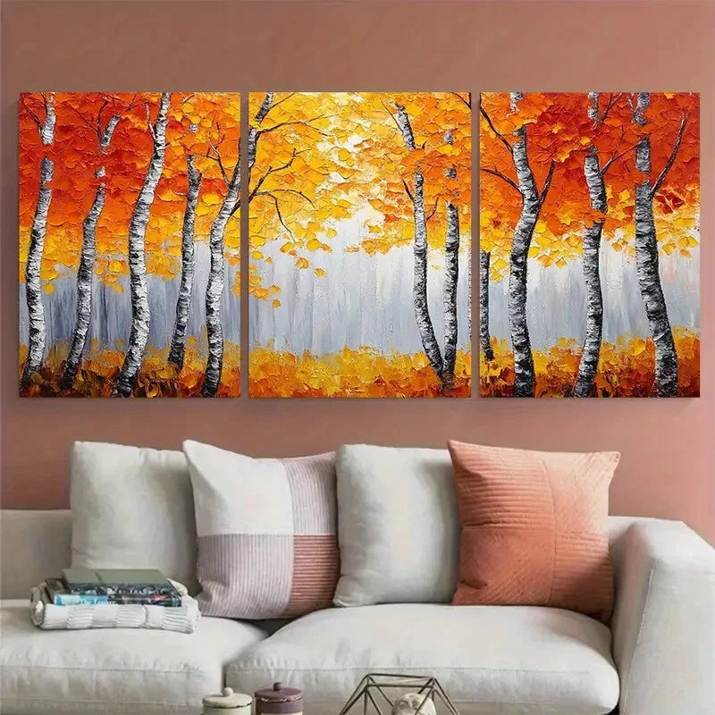 3pcs Vibrant Autumn Birch Trees Orange and Yellow Metal Print Ready to Hang Art - Bella Home Decor