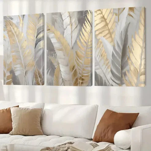 3pcs Abstract Golden Leaf Palm Wall Art Canvas Unframed - High Quality Print 100% Australian Made Wall Canvas - Bella Home Decor