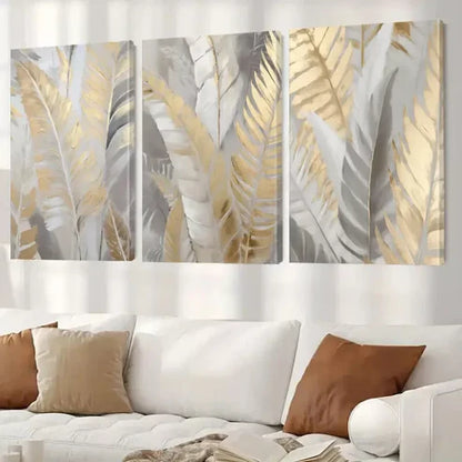 3pcs Abstract Golden Leaf Palm Wall Art Canvas Unframed - High Quality Print 100% Australian Made Wall Canvas - Bella Home Decor