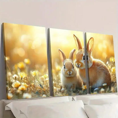 3pcs Easter Bunny Spring Floral & Woodland T  Wall Art Set Canvas Framed 40x60cm - High Quality Print 100% Australian Made Wall Canvas Ready to Hang - Bella Home Decor