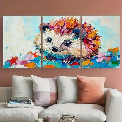 3pcs Cute Hedgehog Impasto Colorful Animal Metal Print Ready to Hang Art - Bella Home Decor