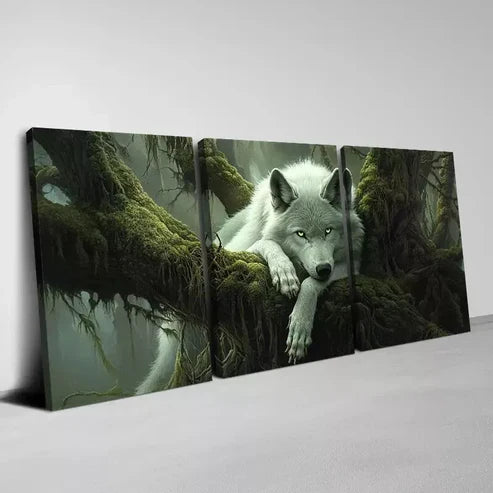 3pcs White Wolf with Lush Green Foliage Set Canvas Unframed - High Quality Print 100% Australian Made Wall Canvas