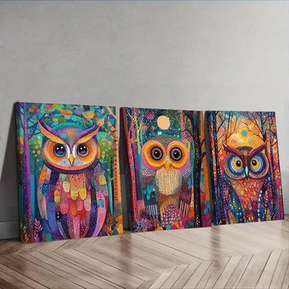 3pcs Owl, Psychedelic (7) Wall Art Canvas Unframed - High Quality Print 100% Australian Made Wall Canvas