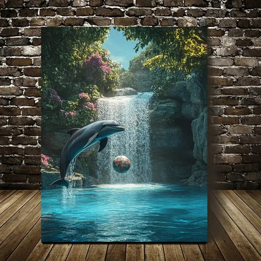 Dolphin & Ball Neon Glow Waterfall Scene Painting 40x60cm Metal Print Ready to Hang - Bella Home Decor