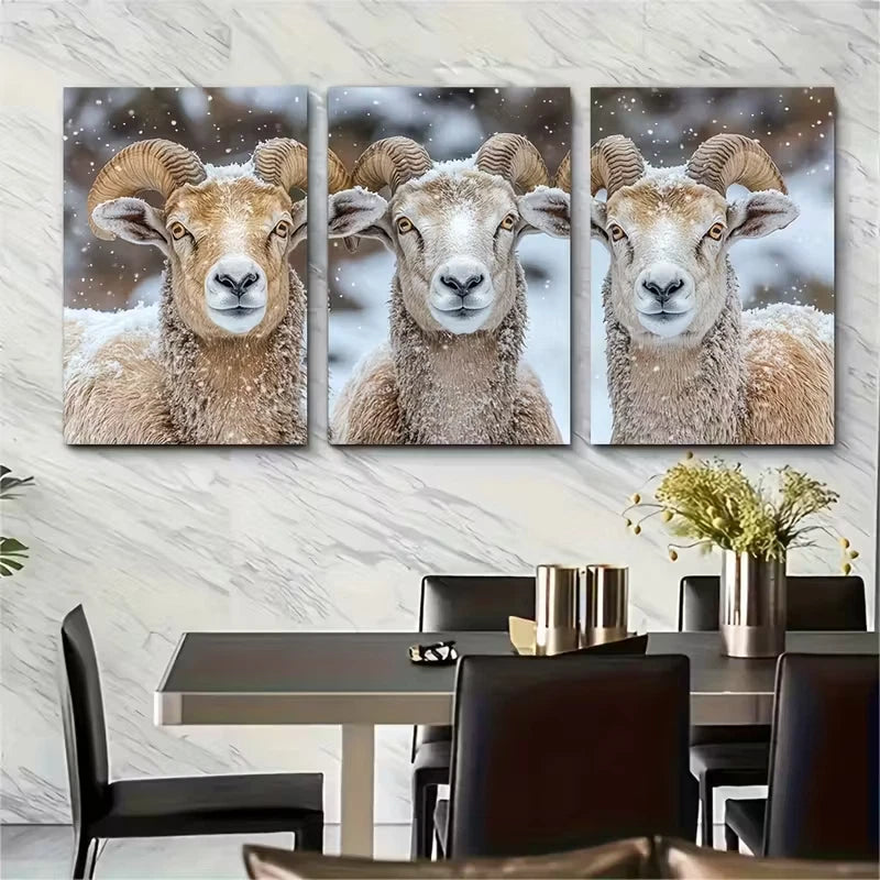 3pcs Three Rams Winter Wildlife Metal Print Ready to Hang Art
