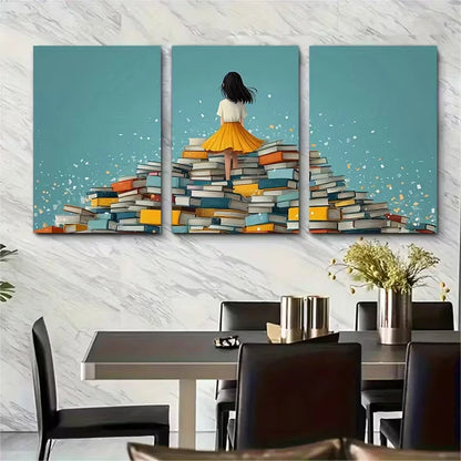 3pcs Young Girl on Pile of Books Illustration Metal Print Ready to Hang Art