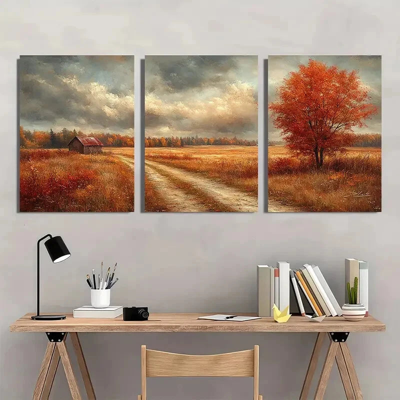 3pcs Vintage Rustic Autumn Landscape Scenery Metal Print Ready to Hang Art